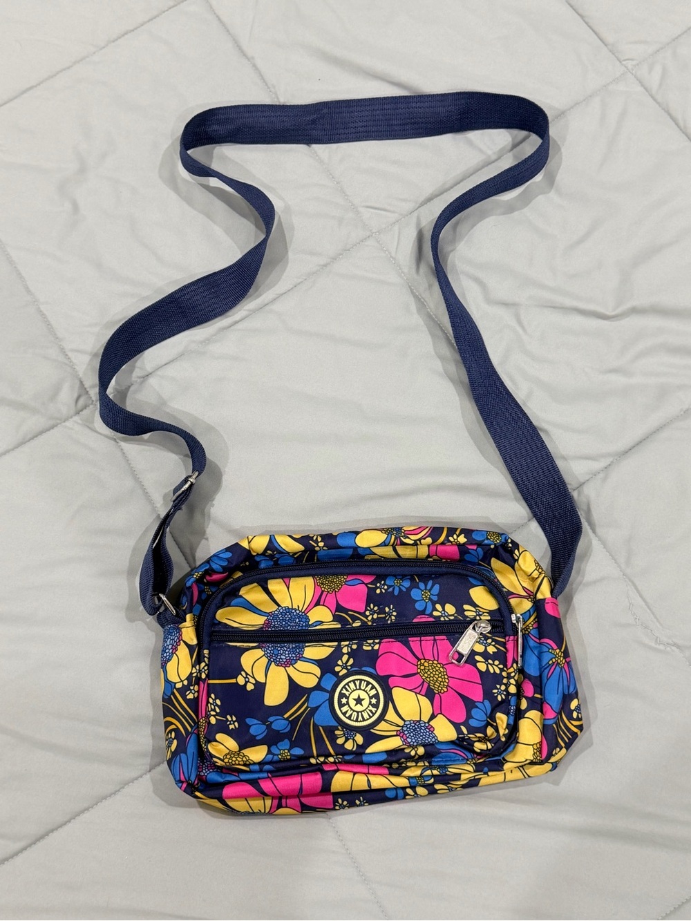 Floral Crossbody Bag - Navy with Pink & Yellow Flowers